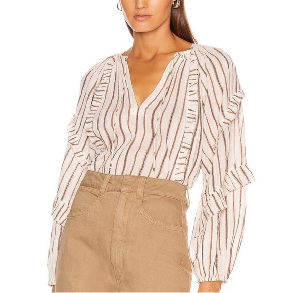 Ulla Johnson Liana Metallic Stripe Ruffle Balloon Sleeve Blouse - Picture 1 of 10